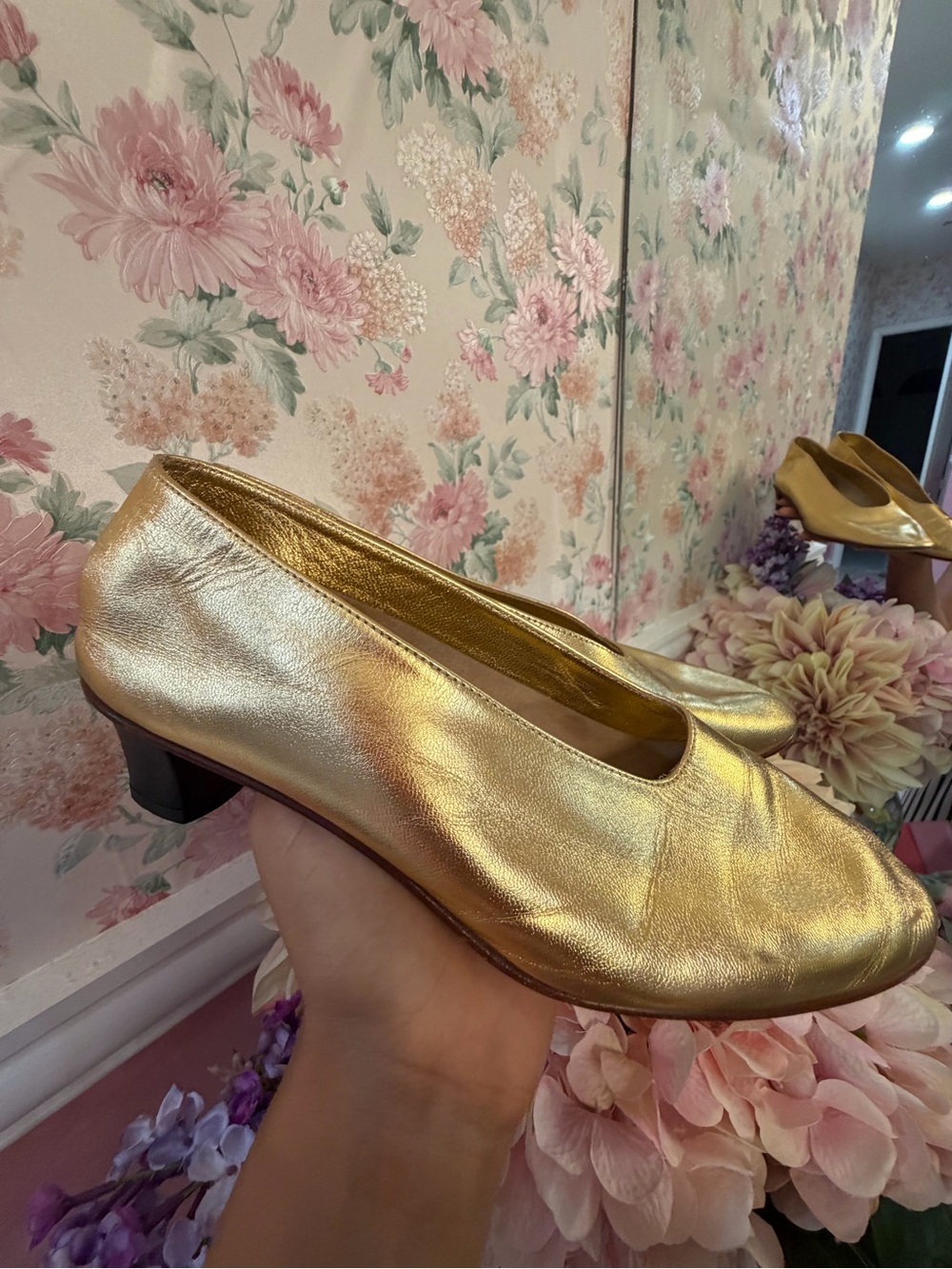 Metallic Gold Low Block Heel Women's Pumps